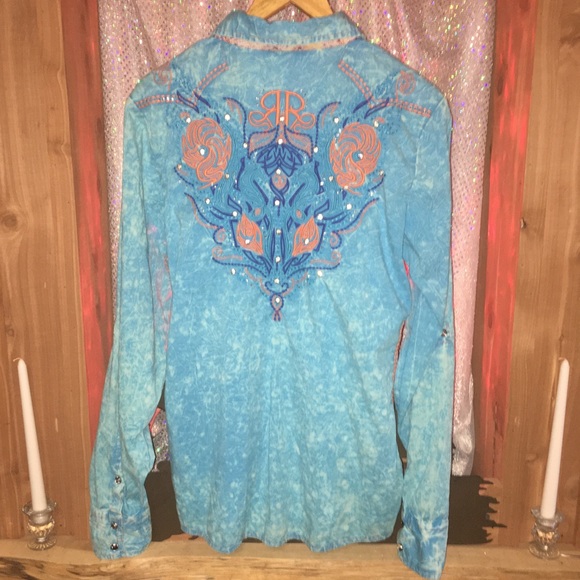 ROAR Embellished Blue & Orange Western Shirt Large - Picture 13 of 16